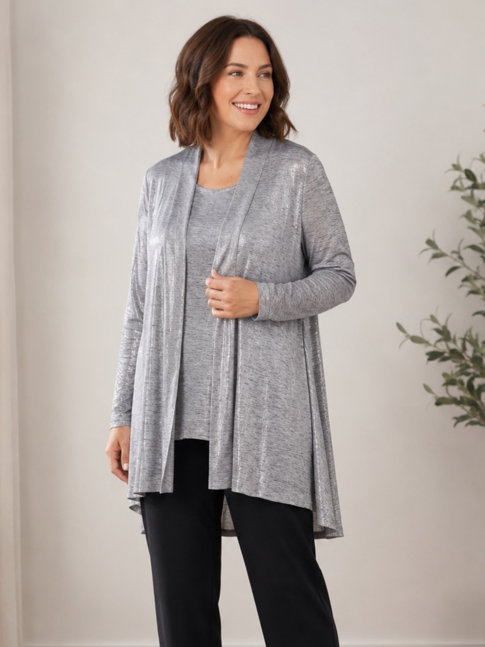 Susan Graver Foil Print Cardigan Only 1X Open Front‎ With Pockets Casual Office